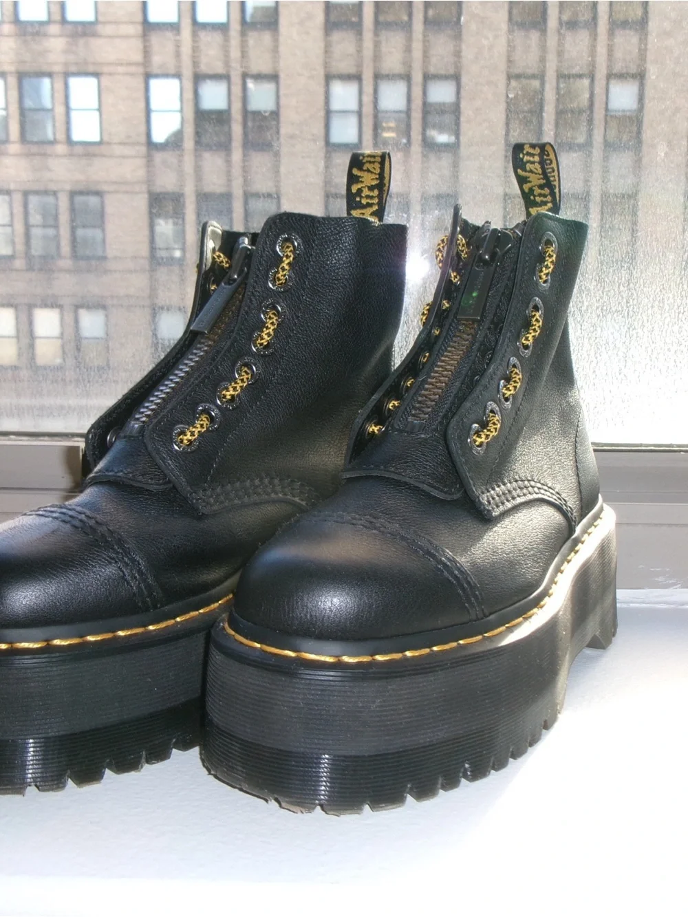 Dr. Martens Sinclair Black Leather Platform Ankle Boots with Yellow Stitching